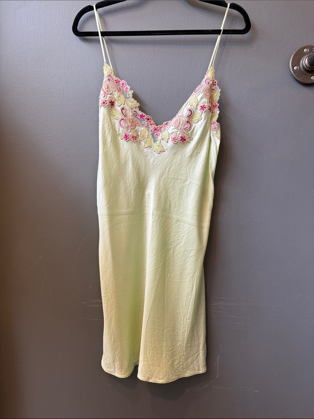 Delicate light green Slip Dress with Pink Floral Embroidery